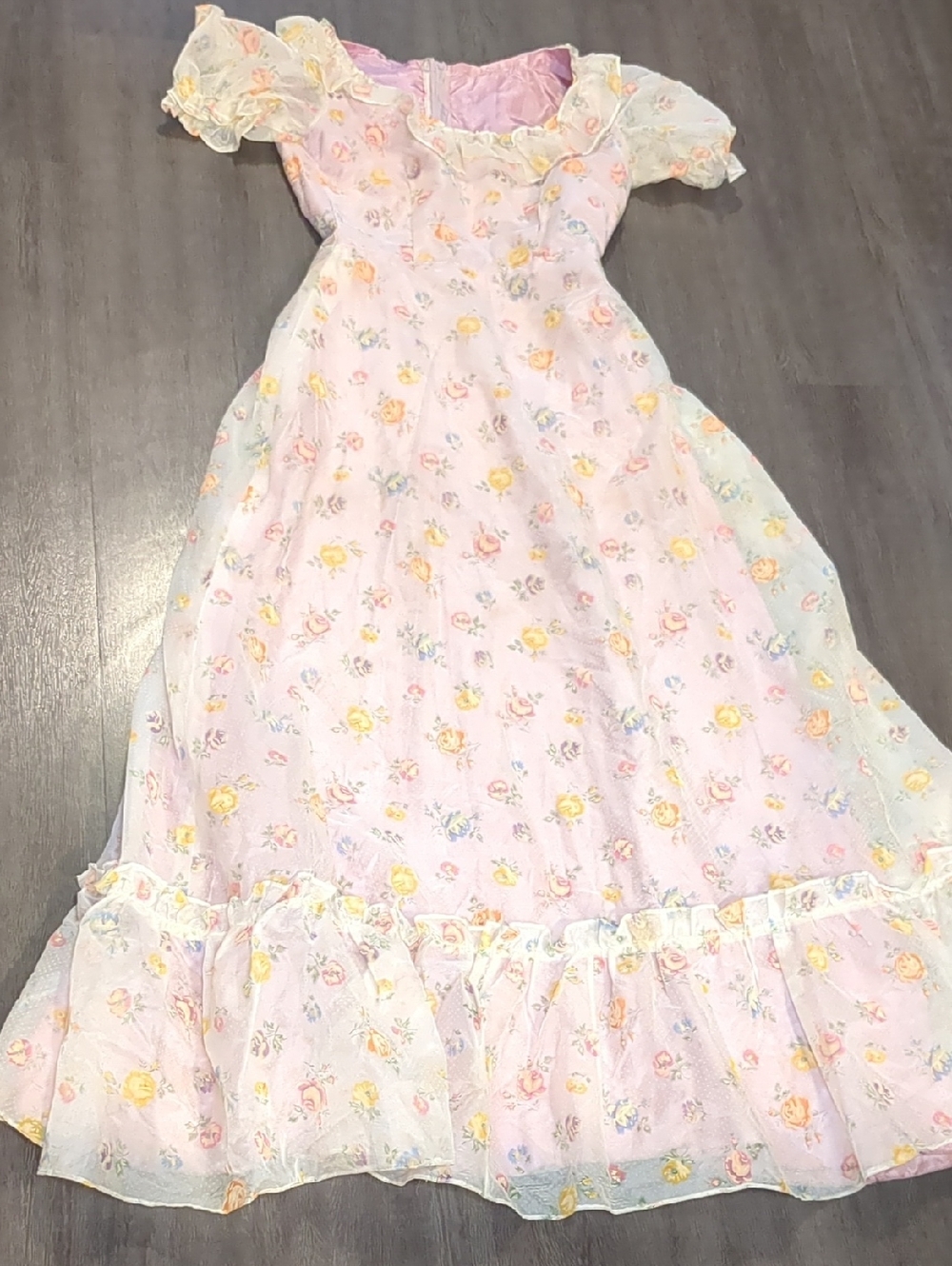 Vintag 70s Maxi Dress Prairie Gunne Style Floral Swiss Dot Pink Purple Sz Small - Picture 15 of 15